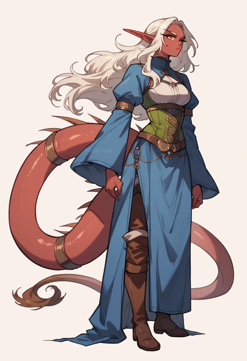  1 girl, red skin and long hair, (very large elf-style pointy ears), very gigantic tail, tail 5 times longer than the body,  a tail with spikes, tail with feathers  . Blue medieval clothes.