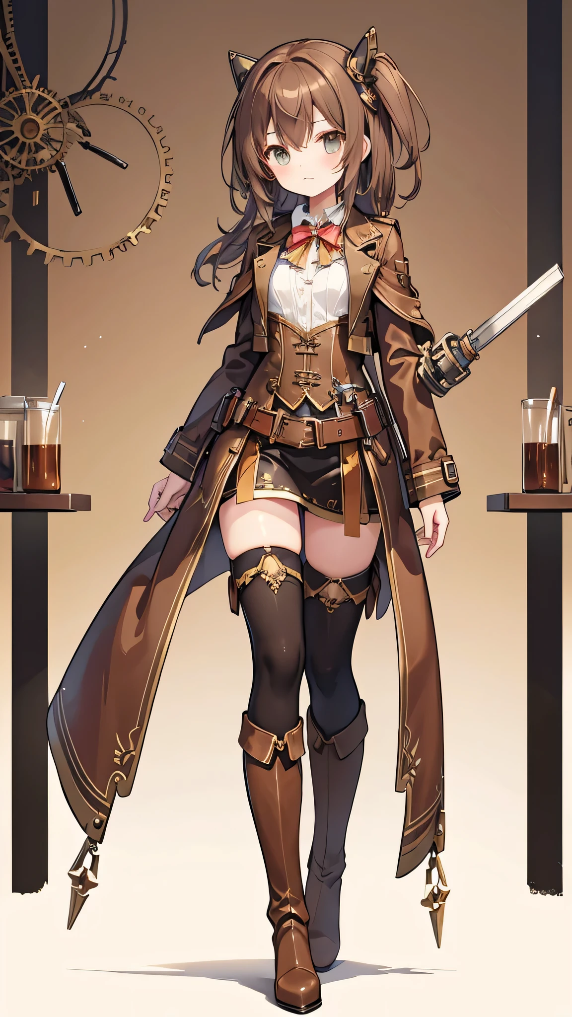 Highest quality、High resolution、1 girl、Mid-chest、Brown Hair、Steampunk attire、Mechanical goggles、Brown knee-high boots、Industrial Background