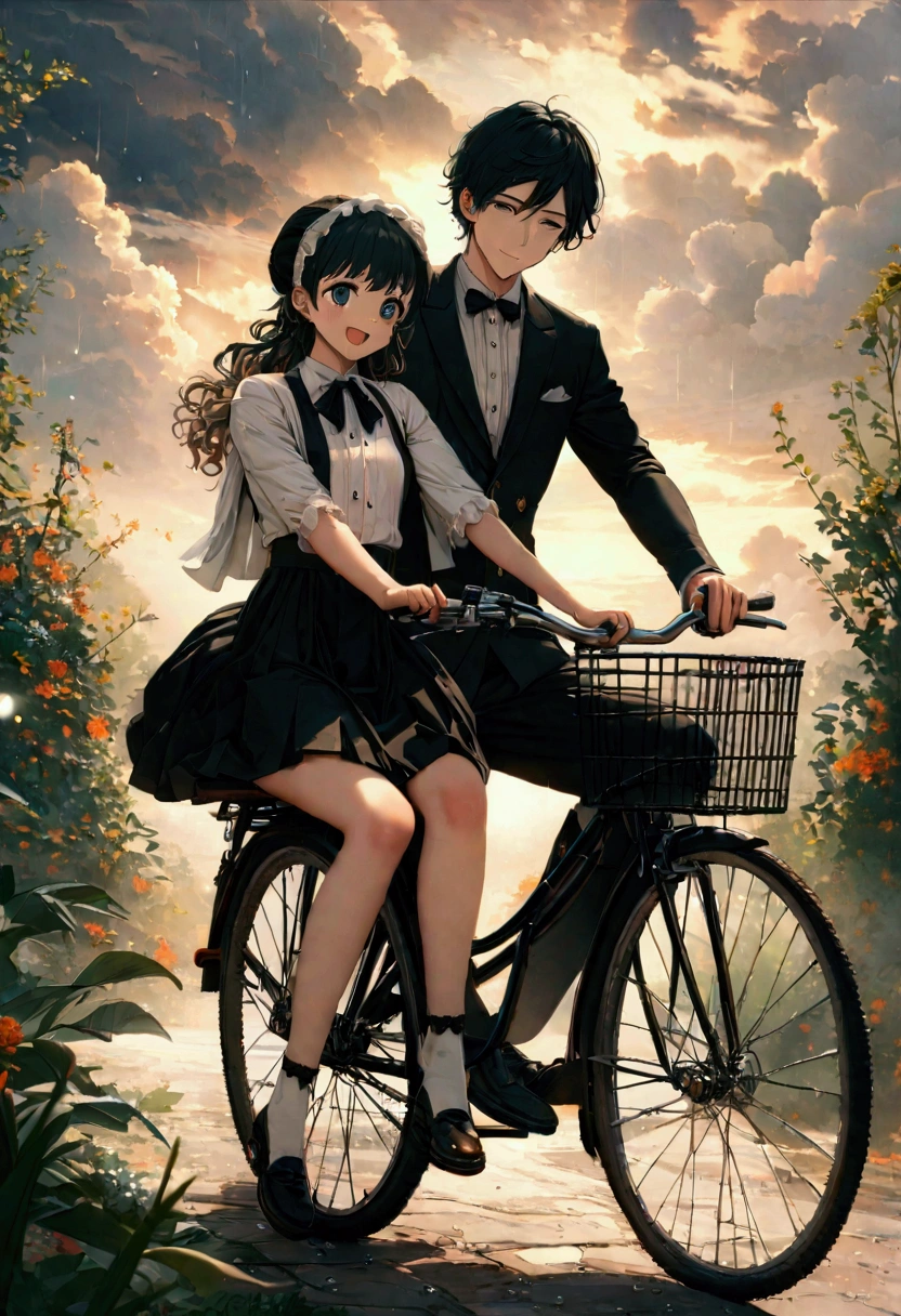 A boy(full body , cute and handsome, 1, black hair, best outfit, )and a girl(full body, sitting on the bicycle, lawai anime girl, ), The boy is riding the bicycle and the girl is sitting behind him, Rainey weather, Falling raindrops, dark and dense clouds, best bicycle, both are happy, weather is too beautiful and Rainey, wallpaper (high quality image, master peace, High details in everything, 8k , HD, one of the best, )