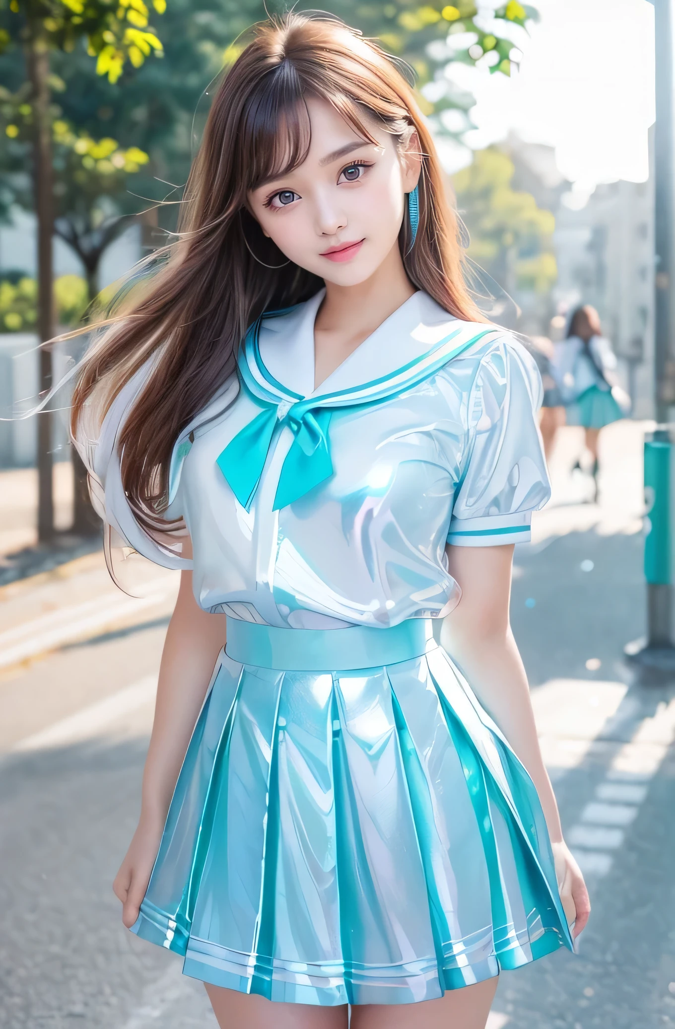 Very beautiful cute girl) (very cute face:1.2),(baby face),(sparking clear attractive large eyes:1.2), Beautiful detailed eyes, Detailed double eyelids, smiling, (realistic photograph:1.1), in the street,
(super shiny metallic light turquoise and white sailor high school uniform:1.5),(super shiny metallic light turquoise pleated skirt :1.1),
(brown hair:1.2),professional portrait 