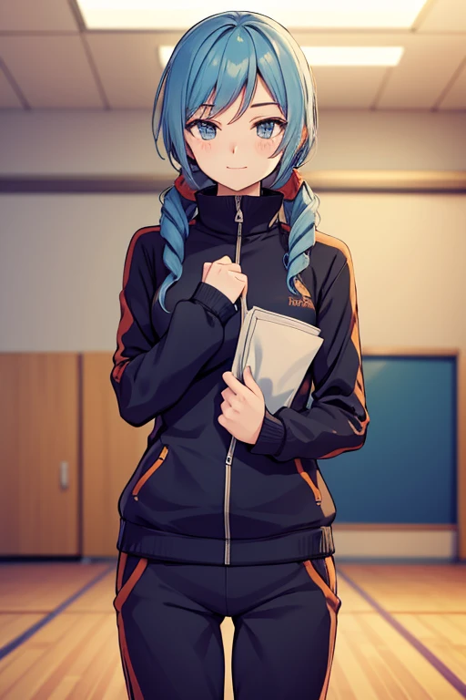 happy, soft smile, dating, comfy, alone, lonely, girlfriend, sport class, tracksuit, physical education class, indoor High Resolution,