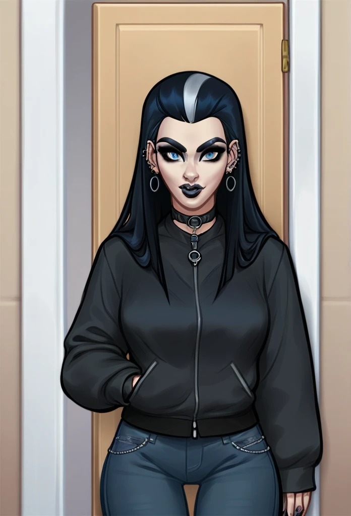 Odette, adult  woman, eyes black, hair long black. gothic. wearing a black jacket and top and black jeans. There is a door in front