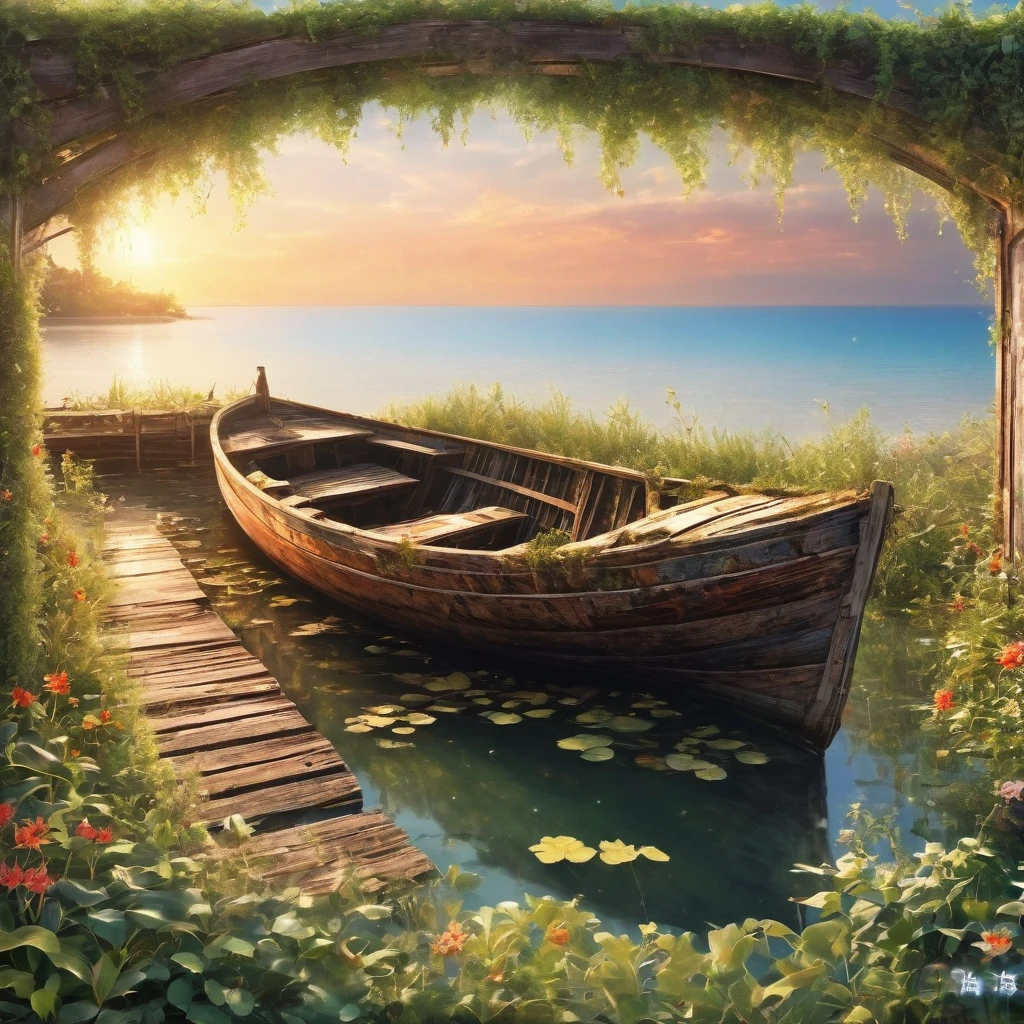 (La best quality,high resolution,Very detailed,Practical),Abandoned and dilapidated Summer Pier，Abandoned old wooden boat，covered in plants，Sunset（ （（A masterpiece full of calm elements）））， （（best quality））， （（Intricate details））（8K）