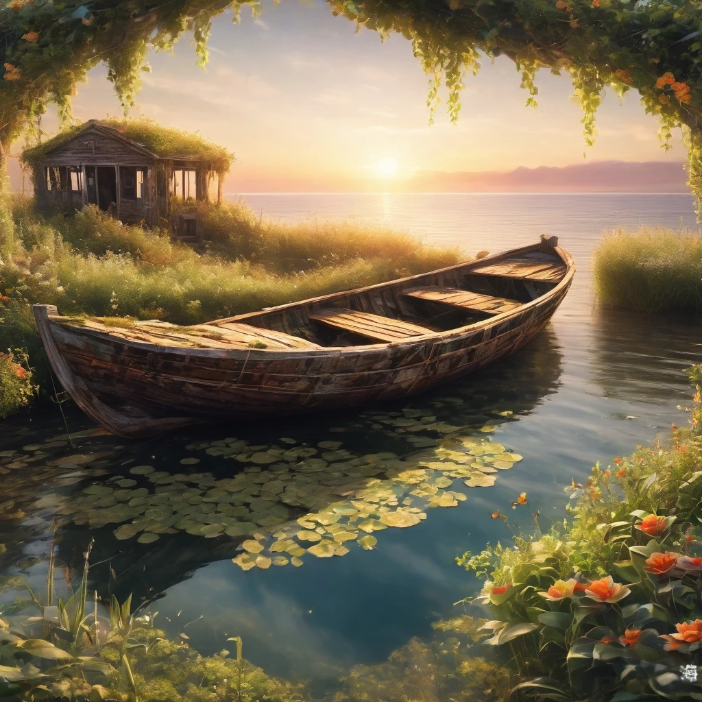 (La best quality,high resolution,Very detailed,Practical),Abandoned and dilapidated Summer Pier，Abandoned old wooden boat，covered in plants，Sunset（ （（A masterpiece full of calm elements）））， （（best quality））， （（Intricate details））（8K）