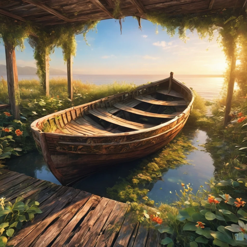 (La best quality,high resolution,Very detailed,Practical),Abandoned and dilapidated Summer Pier，Abandoned old wooden boat，covered in plants，Sunset（ （（A masterpiece full of calm elements）））， （（best quality））， （（Intricate details））（8K）