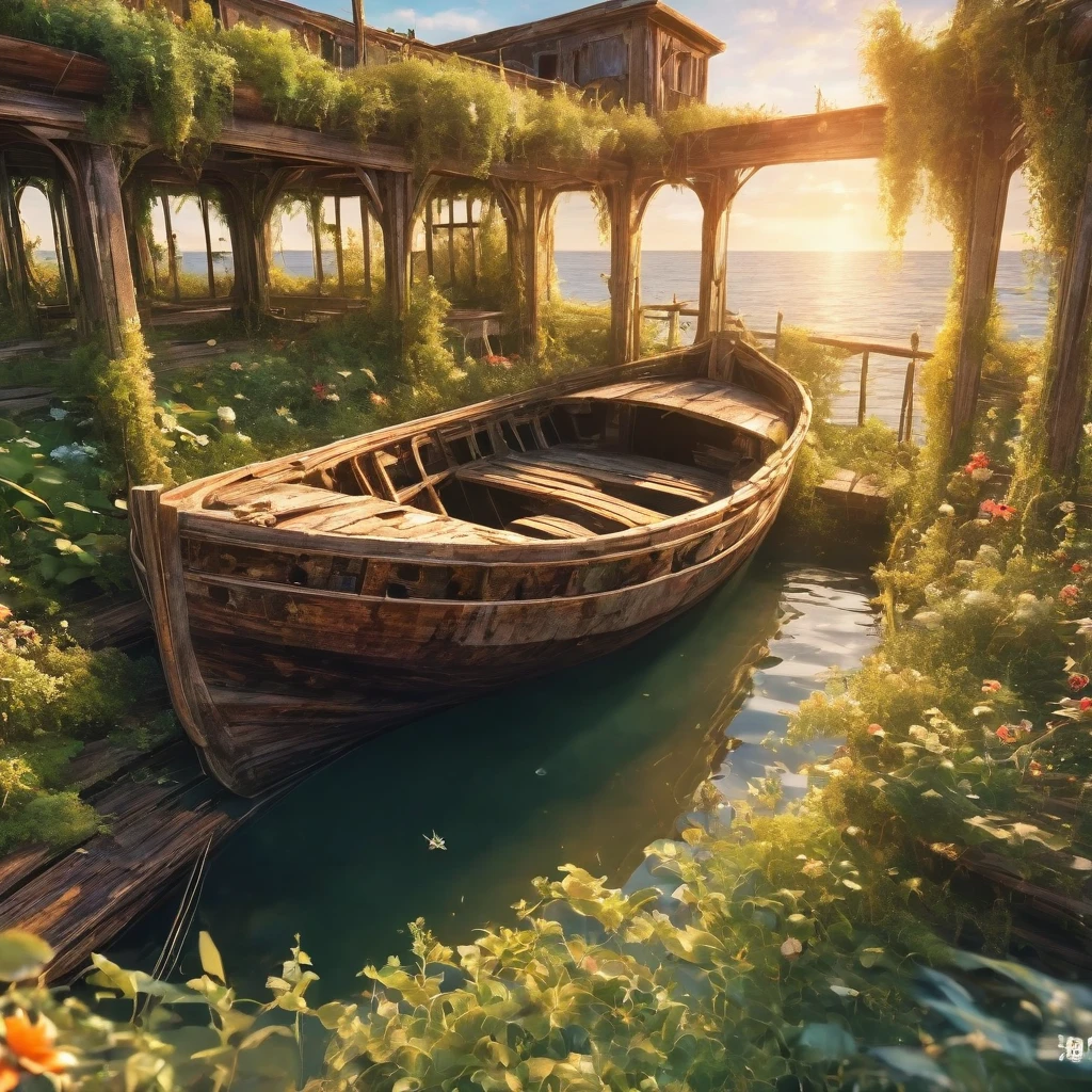 (La best quality,high resolution,Very detailed,Practical),Abandoned and dilapidated Summer Pier，Abandoned old wooden boat，covered in plants，Sunset（ （（A masterpiece full of calm elements）））， （（best quality））， （（Intricate details））（8K）