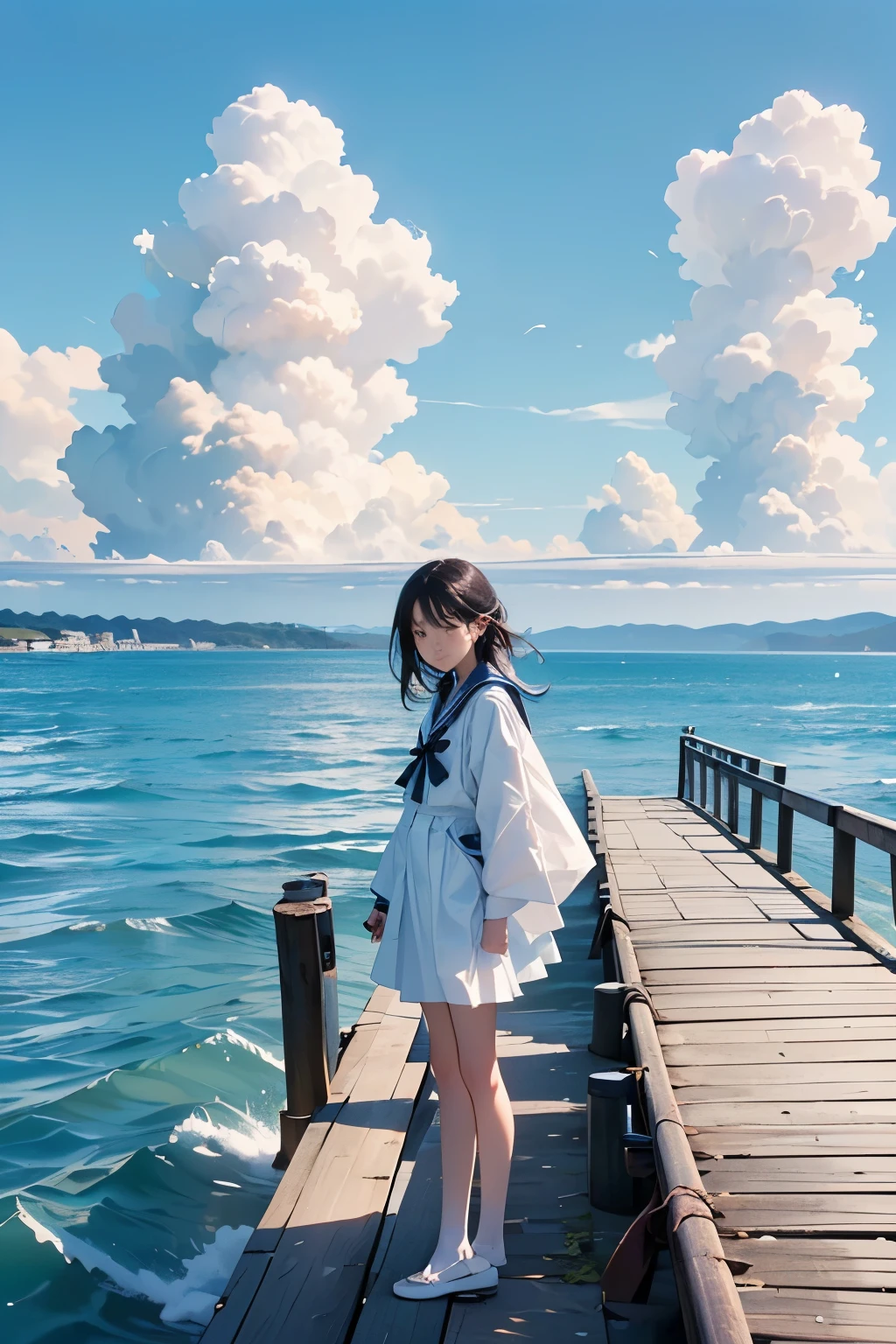 (A small pier jutting out into the sea_All around the sea:1.4)、(A girl parks her bike at the end of a pier and looks out at the sea:1.2)、White Sailor Suit、(Shining Sea)、Blue sky and white clouds、Highest quality、high resolution、masterpiece、4K、8k、wallpaper、