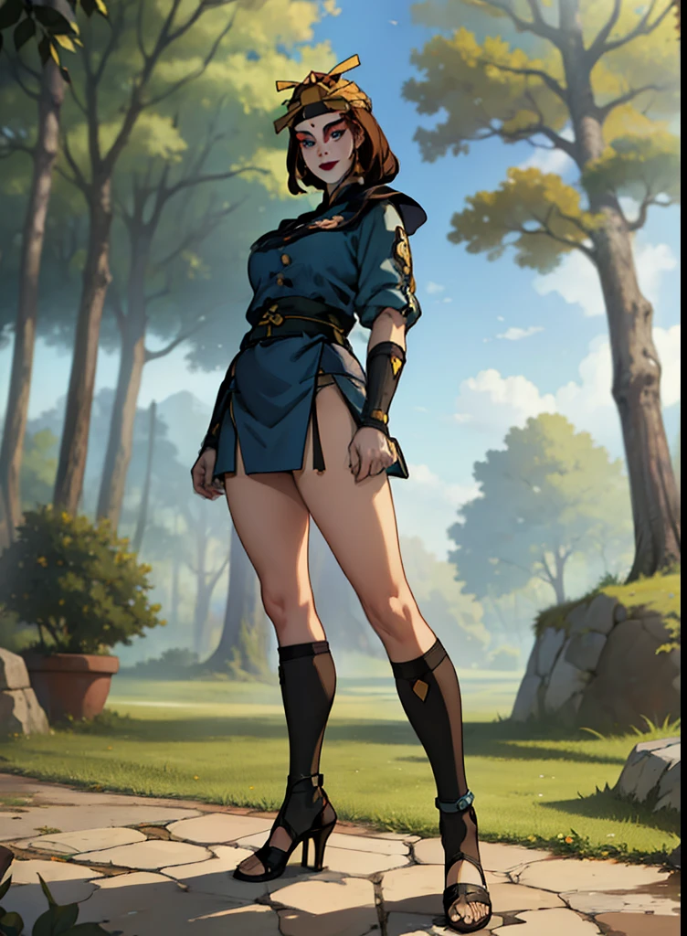 (masterpiece, best quality, high resolution: 1.4), front, tall woman, Suki, (masterpiece), (best quality), (ultra high resolution), Detailed face, seductive, rocks, trees, plants, brown hair, blue eyes, kyoshi warrior, makeup, lipstick, headband, smile, look at viewer, masterpiece, best quality, high quality, extremely detailed CG unity 8k wallpaper, digital illustration, trending, pastel colors, perfect fingers, perfect full body, extremely detailed.