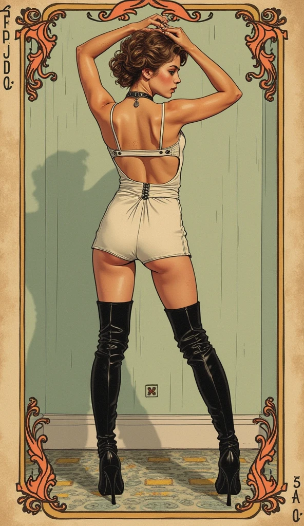 beautiful woman, long curly light brown hair, narrow waist, cheeky ass, ass cheeks visible, long fit legs, small neck choker, wearing short loose skater dress, thigh high fishnet socks, high heels, walking up the stairs, indoor sunset light, looking back at the viewer, smirky sexy smile, insinuating to follow her upstairs
