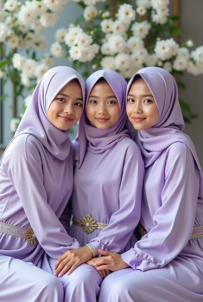 14 muslimah students with one woman teacher wearing hijab photo studio with flower background