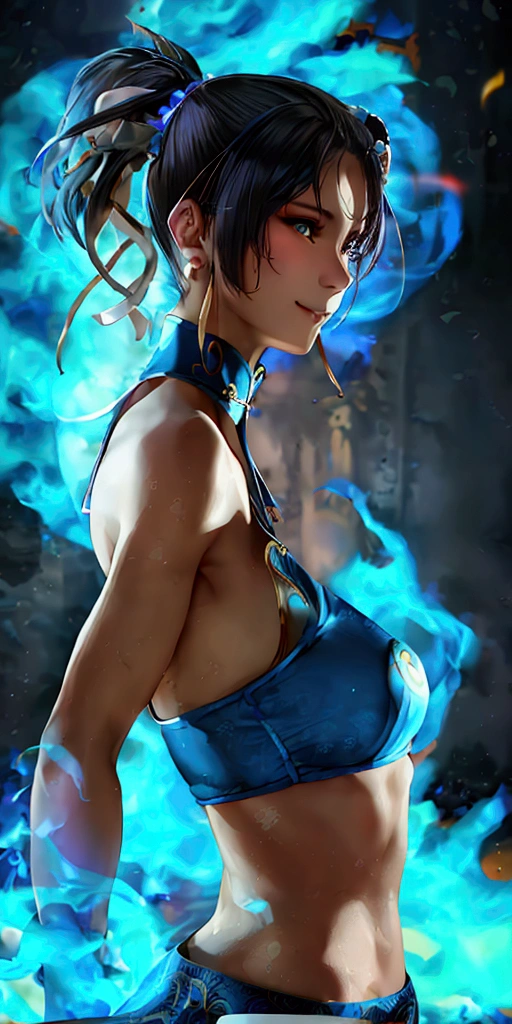 ((Chun-Li,ponytail,blue Leggings:1.3)),upper body, Looking at the audience,Slim and sexy figure, the best quality, (8k), (4K),(masterpiece), (the best quality), Extremely detailed, Game CG, Ultra Detailed, illustration, Beautiful Body,Beautiful nose, Perfect Eye, Perfect Face , 1 girl, 30 years,Fair Finger,Fair body, Fair Nose,Fair character design, perfect Eye, perfect Face,expressive Eye,Perfect balance,(Focus on her Face),(Smile:0.3), official art,Extremely detailed CG Unity 8K wallpaper, rich and colourful, (masterpiece:1.0),(the best_quality:1.0), Ultra-high resolution,4K,Ultra Detailed, photography, 8k, HDR, high resolution, (Fair,Big goals_Chest:1.4), (blue china dress,smile,pretty face,Clear image:1.3),((((Surround yourself with a blue flame-like aura,The background is Chinatown,Outdoor:1.3))))