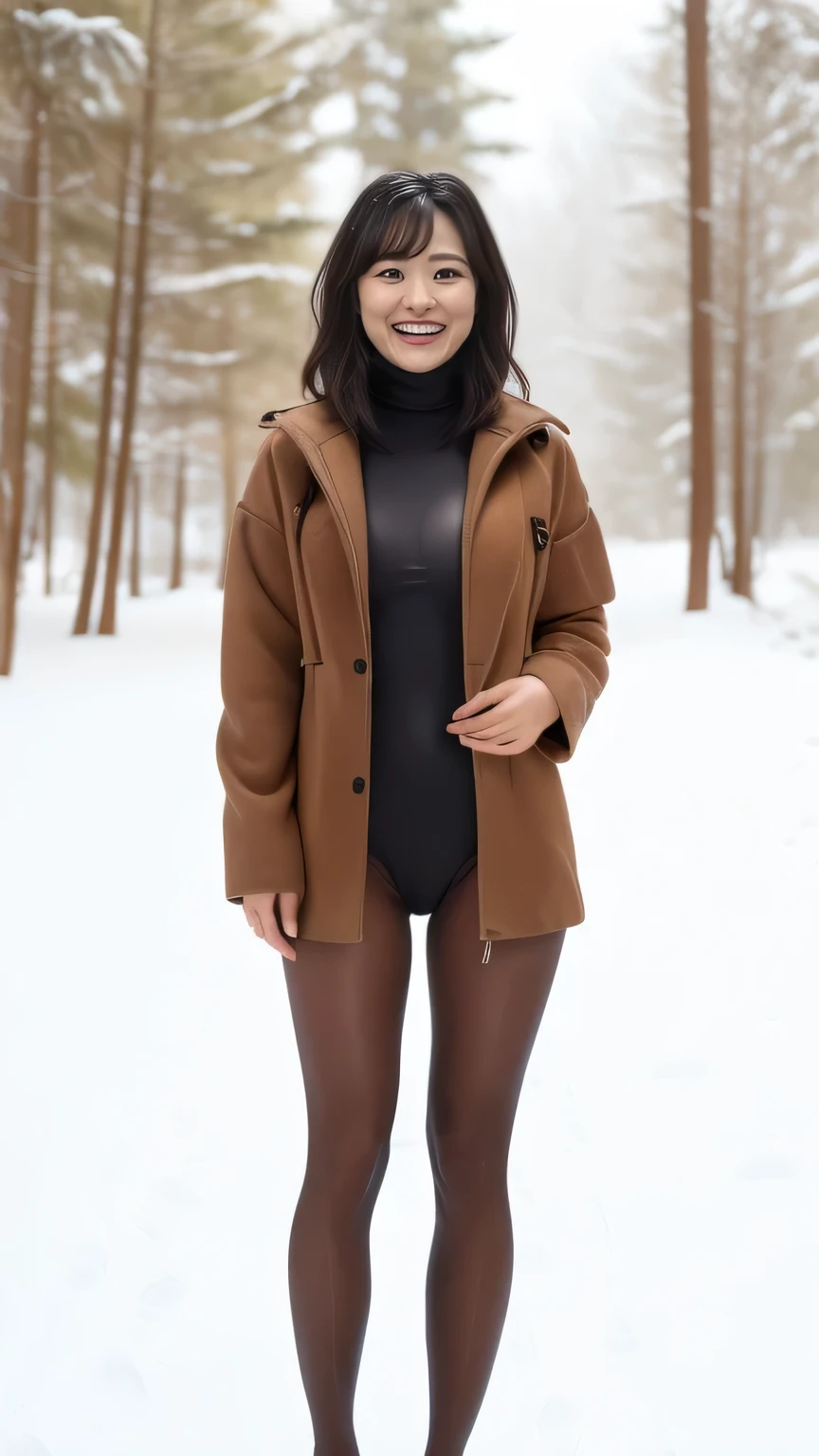 Highest quality、8k、masterpiece、Ultra-high resolution、Clear photos、Professional Lighting、Natural light、Realistic,、Highly detailed skin、Perfect Anatomy、(Beautiful Hands)、(Beautiful fingers)、One Woman、30 years old、:1.6、Large Breasts、(Large areola)、Glamour、Bob Hair、Black Hair、Beautiful Hair、smile、(Squint your eyes and laugh:1.2)、(((Brown swimsuit:1.2)))、(((High Leg:1.8)))、((High neck))、Cleavage、((Perfect Pantyhose:1.3))、((Black Pantyhose:1.2))、(((Wearing pantyhose under her swimsuit)))、(((In the deep forest in winter、Lots of snow)))、(((((Wearing a coat)))))、((Wear sneakers))、(((Full Body Shot:1.2)))