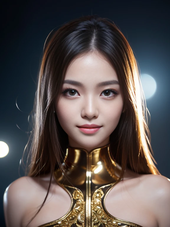 A girl with black hair with gold eyes but a design from my hero academy