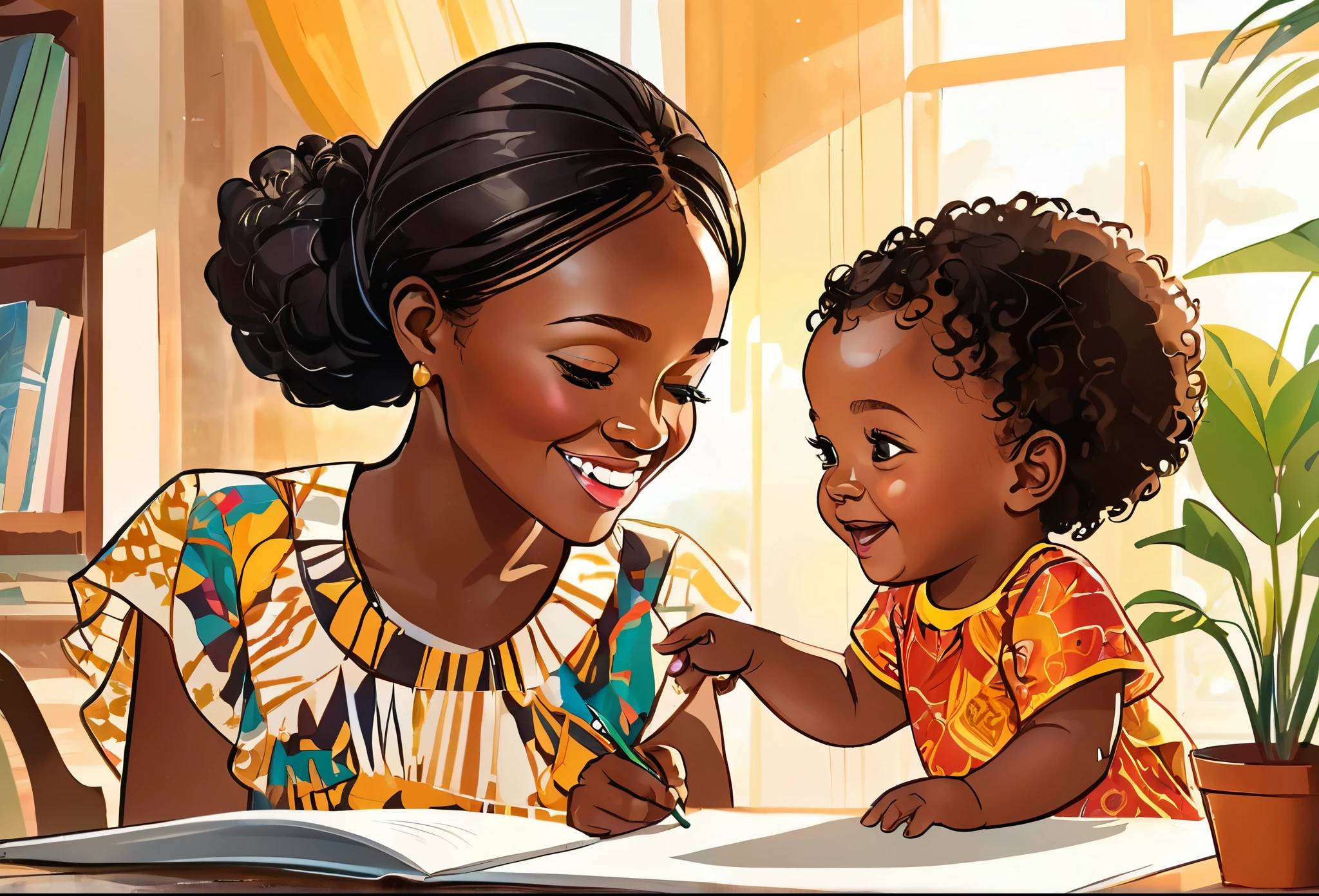 A toddler learning with her mother, happy and smiling
African (masterpiece best quality:1.2) delicate illustration ultra-detailed, illustrations, bright, colourful, 