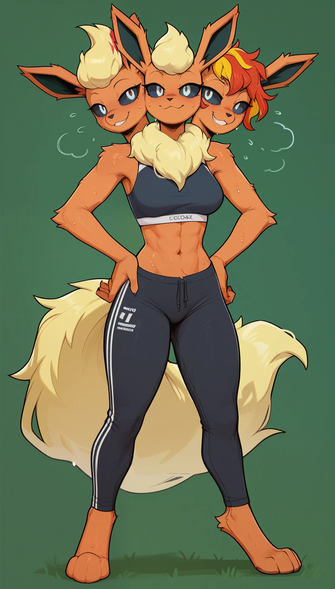 Excited expression, 1girl, anthro, furry, fur, fluffy fur, flareon girl, yellow hair (red highlights), black sclera, white eyes, pony tail hair, Messy hair, (19 years), medium breast, thicc thighs, solo, (green background), detailed, smug smile, sports top, sport pants, (sweating), hands on hips, (full body), score_9, score_8_up, score_7_up, score_6_up, score_5_up, score_4_up, 3heads, conjoined, three heads, 