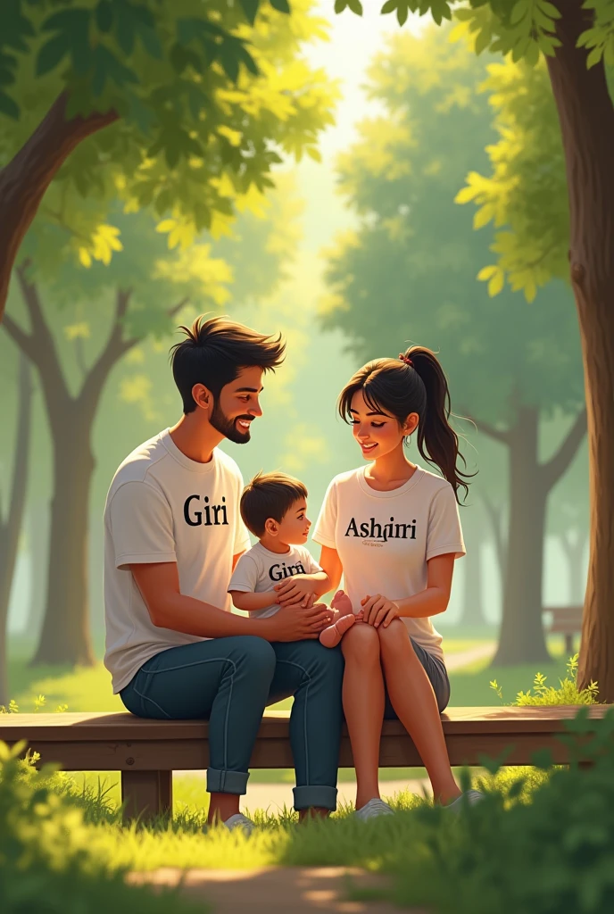 Create an image of couple watching their  girl while sitting on the chairs in the garden near a river in the morning and name of couple male Dheeraj and female is Pooja should be mentioned on their t-shirts.