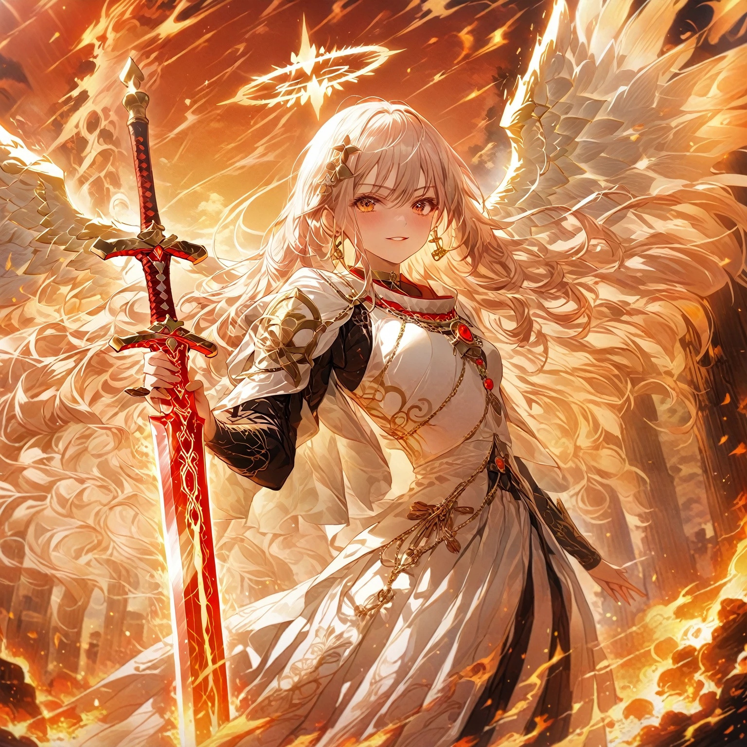 score_9, score_8_up, score_7_up, source_anime,masterpiece, best quality, high resolution, extremely detailed CG, absurdres, 1girl, A majestic angel girl stands by her six fiery wings spread wide behind her. She wears intricately detailed armor that glistens in the warm, golden light of a mystical landscape. Her dominant hand grasps the hilt of a gleaming sword, its blade etched with ancient runes. In a sweeping shot, emphasizing her regal presence and fiery aura, sworw of fire, red_sword, white_hair, long hair, fire arounded, ((halo)), ((6 wings)), glaring, ((burning heaven,burning clouds)),fire element, red_theme