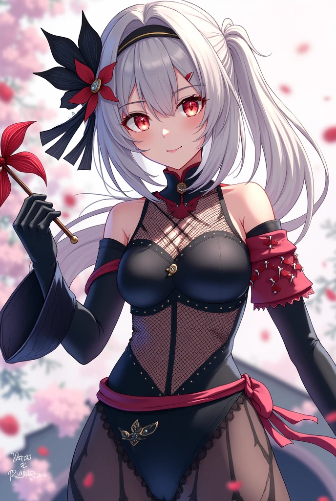 playful anime girl with white hair and dark grey and red strands in her hair striking a playful pose with an seductive grin on her face, she is wearing a bloodred and white leather dress, bloodred and black blossoms as accessories in her hair, playful grin on her face, shiny dark red eyes, dark grey tendrils with shiny dark red clemantis flower blossoms and a field of shiny red clemantis flowers in the background, playful look, detailed eyes, best anime characterdesin, high resolution, 8K fantasy artwork