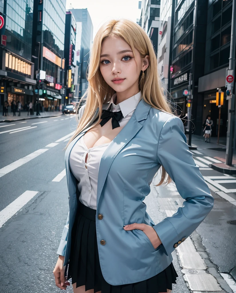 1girl, (Blue Eyes), (smiling :1.2), (beautiful makeup :1.1), (Sana Minatozaki), wide hips, Big , big ass, (Best Quality, 8k, Masterpiece: 1.3), Clear Focus: 1.2, Perfect Body Beauty: 1.4, Highly detailed face and skin texture, detailed eyes, double eyelids, (blonde long hair), (black Blazer uniform), (cleavage shirt), (black pleated skirt), standing, dynamic pose, portrait, iclose-up at face, n the Ginza neighborhood of Tokyo at night, Japan at night, buildings in the background, blurred background