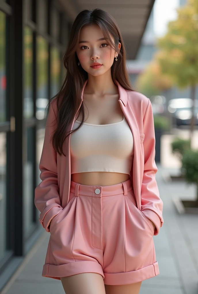 Young Latina ((ultra realistic:1.2)), smiling a lot in navy blue lab coat and light pink pants, in the bathroom extremely bright, (clouse-up), face close, dslr, 100 mm