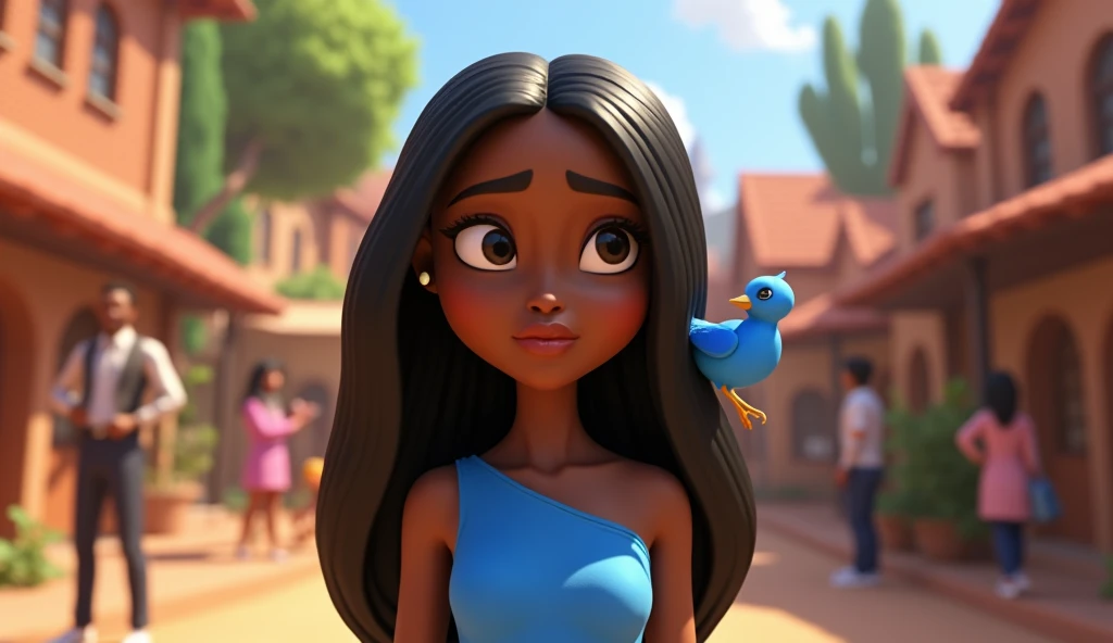 A black female cartoon character wearing a blue dress and straight hair., Animated characters, Chic characters, Animation style performance, 3D style, Arnold Maya Render, 3D styled, toon render key shot, 3D characters, 3D characters, Stylish 3D rendering, การแสดง3D characters, cartoon characters, Close-up characters, Character gestures, (Pixar Style) (main part:1.2) (Bokeh) (best quality) (Fine skin) (Fine texture) (8ก) (Clay) (movie light) (Sharp focus,Disappointed In the village with the blue bird, surrounded by people