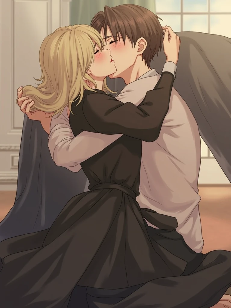 Handsome light skinned Asian blonde haired boy Sitting on the stairs of his school having sex with a girl 5 years