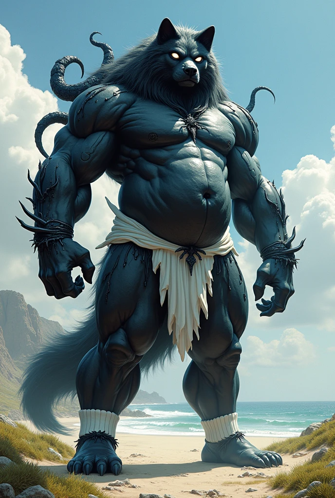 troll, male gender, giant, muscular, head proportional to the body, tongue out, prominent belly, dominant, shorts, crotch bulge