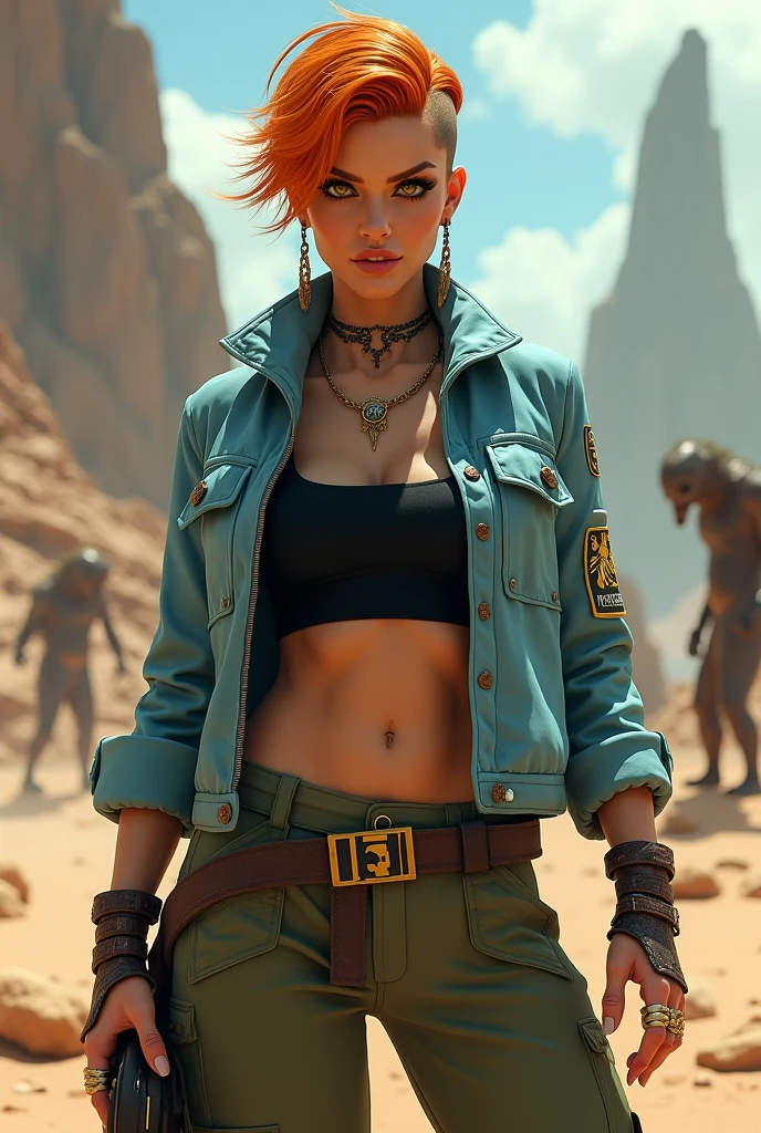 masterpiece, best quality, ultra-detailed, illustration, ranger, motorbike, motorcycle, traveler, dirtbike, roughneck, girl, solo, muscle, tone, robot legs, (goggles on head), wilderness, future, cyberpunk, forest, nowhere, hiking, alien planet, nuclear, wasteland, fallout, Chernobyl, sexy, rain, rocks, dirt, mud, sand, sun, heat, extreme, elements, rough and tumble, rope, tow, stuck, hitchiking, desert, highway, dirt road, survivalist, beautiful girl, squid, no jacket, crop top, bikini, tank top, auburn hair, detailed landscape, riding pants, candid, full body, detailed face,