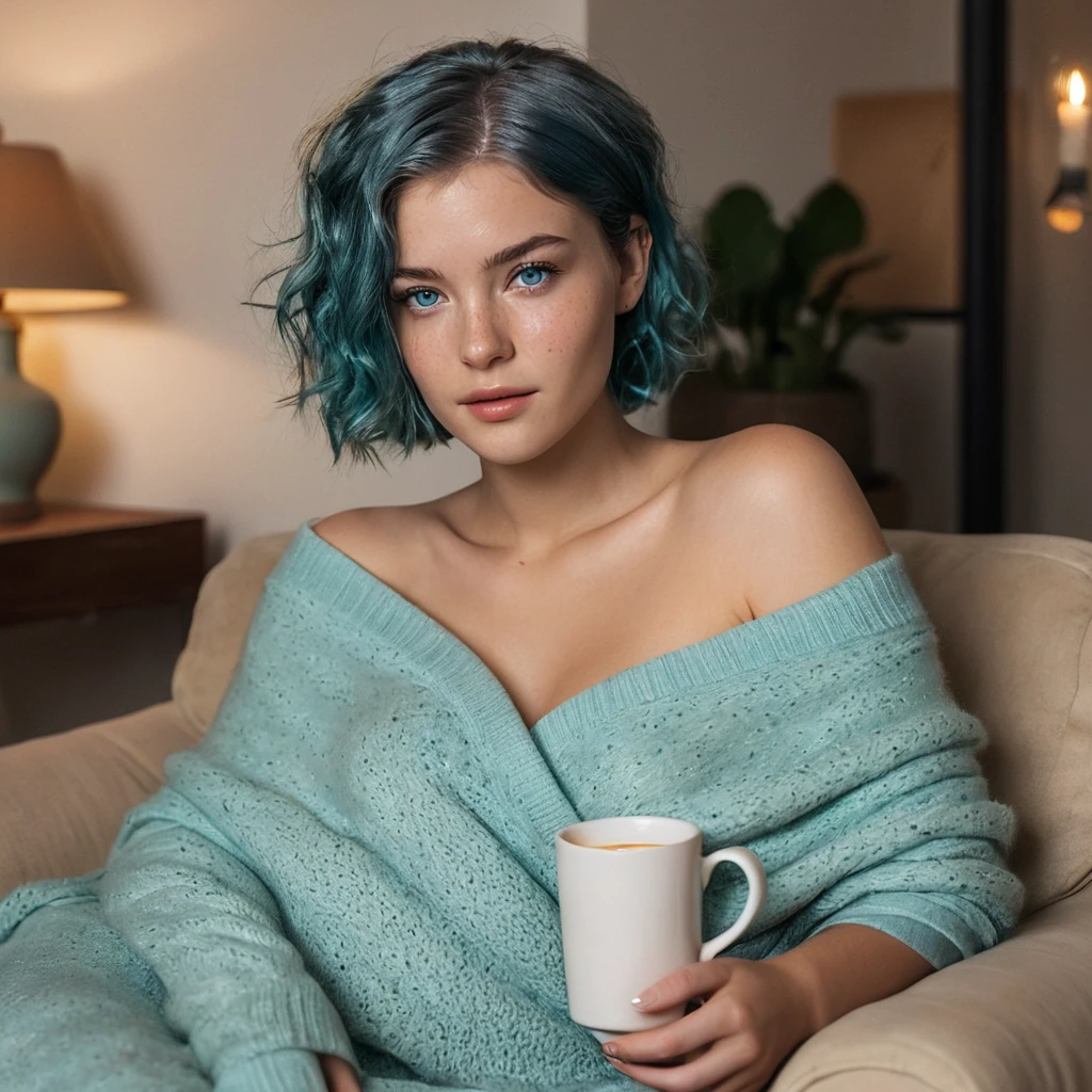 (((Woman, 20 Years Old, Nordic Ethnicity, short blue hair, perfect face, light freckles, Blue-Green Eyes))), ((curled up on a large armchair, legs tucked under her, with a cozy (((beige))) blanket draped over her lap)), (wearing a loose, off-the-shoulder sweater). ((Holding a steaming cup of coffee with both hands, looking directly at the camera with a sultry gaze)), (((soft, dim lighting creating a warm and intimate ambiance))), (cozy living room setting with candles and soft textures). (((Color palette - turquoise, beige, cream))), (best quality, 8k, masterpiece, ultra-detailed, photorealistic, soft lighting, sharp focus).