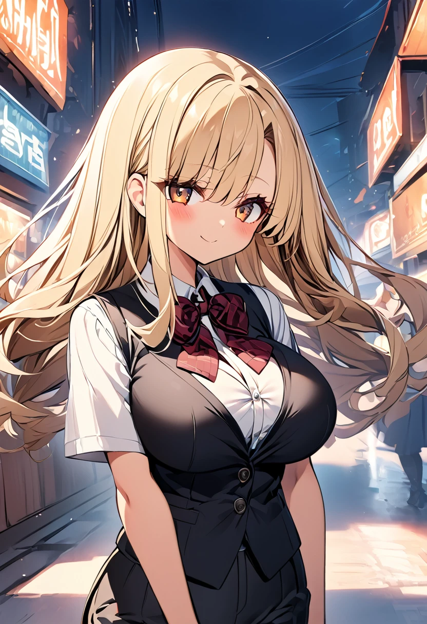 One girl　Cute Girls　Anime Style　Anime Face　Anime Style　Beauty　Big Breasts　Black vest　Plain white shirt　No-tuck black pants　Blonde hair　Straight Hair　long hair