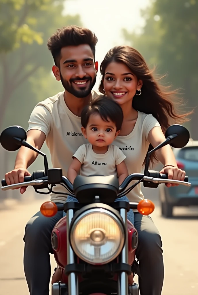 A boy red mehrauni colour tshirt . In t-shirt name text 'DEVILAL' boy begraund in car Scorpio Mahindra.