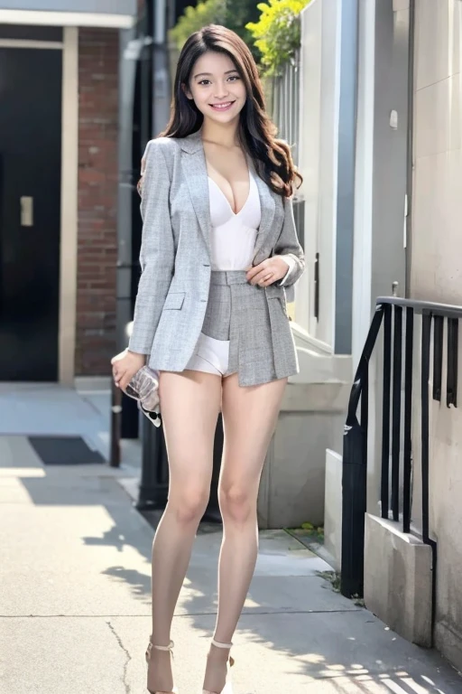 masterpiece, street, woman, glad, smiling, walking, looking at viewer, long hair, silver hair, brown eyes, fair skin, tall, glamorous, japanese, white background, no background, beautiful, full body shot, front view, a dog, front view, brown hair, eyes open, suit, with a gun, 20-year-old, dynamic angle, flat background