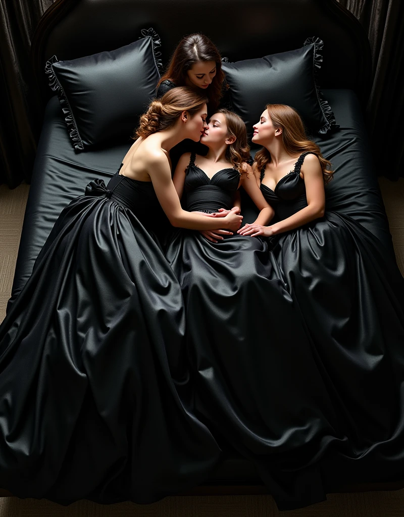 ultra quality, masterpiece, ultra resolution, longshot view, artwork, super それにget used to it, many get used to it, get used to it, それにget used to it, top view angle shows the entire mattress,love,romantic,Five persons,((Five Mothers and One Daughter)),((Five Mature Women and One with the tiara)),((Five Mature Women lips kissing embrace and holding One Little Girlature Women holding hands and One Little Girl sat betweere Women)),((midnight black satin velvet oversize evening dresses)),((Oversize weared midnight black satin velvet dresses)),((Full-length dresses train skirt stretched down and flared covered the entire bed)),((Full of luxurious satin velvet fabric stretches and covers the the entire bed)), luxurious shiny midnight black satin velvet evening dresses, Sitting kiss and embrace on the bed,((One facing Five Mature Women kissing)),((Gorgeous queen rococo robe satin velvet evening dresses with voluminous full-length stretched down and flared train skirt)),oversized midnight black evening dresses,full-length sleeve midnight black satin velvet gloves,((long midnight black satin velvet gloves)),((floor-length midnight black satin velvet evening dresses with a skirt that stretched down to cover the bed)),A evening dresses with full shiny midnight black satin velvet fabric material...,((Five Mature Women hold and hugging One Little Girl)),luxury bedroom,((Pahiny midnight black bedroom)),((The bed full covered of stretched and flares satin velvet fabric)), ((Long midnight black bludru velvet bedroom material)),Frilled silk velvet bedroom midnight black bludru pillows on the bedroom,Five Mature Woman hugging ,One Little Girl's body surrounded and covered bye Women's dresses skirt,((Five Mature Women is sitting kiss embrace One , One sitting in the bed between Five Mature Women)),luxurious ruffled midnight black curtains