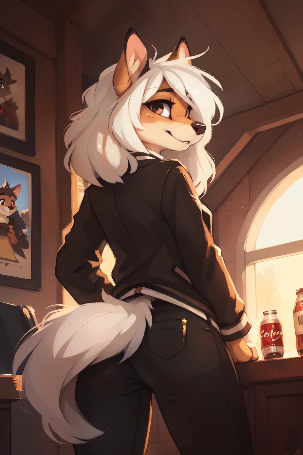 alta calidad, 8K, por kenket, por swaybat, por Reysi, por zackary911, por hyattlen, en teranos, por fumiko, por Pixelsketcher, por Bayard Wu, por Einshelm, por kilinah, por Hioshiru, por pelusa-kevlar, por Dimwitdog, peludo, antro, solo, ((pastor australiano)), ((femenino)), ((joven)), cola esponjosa, ((esbelto)), ((corto white hair)), corto, senos, traje de buceo,thick thighs, looking back, black leggings, black jacket, white shirt