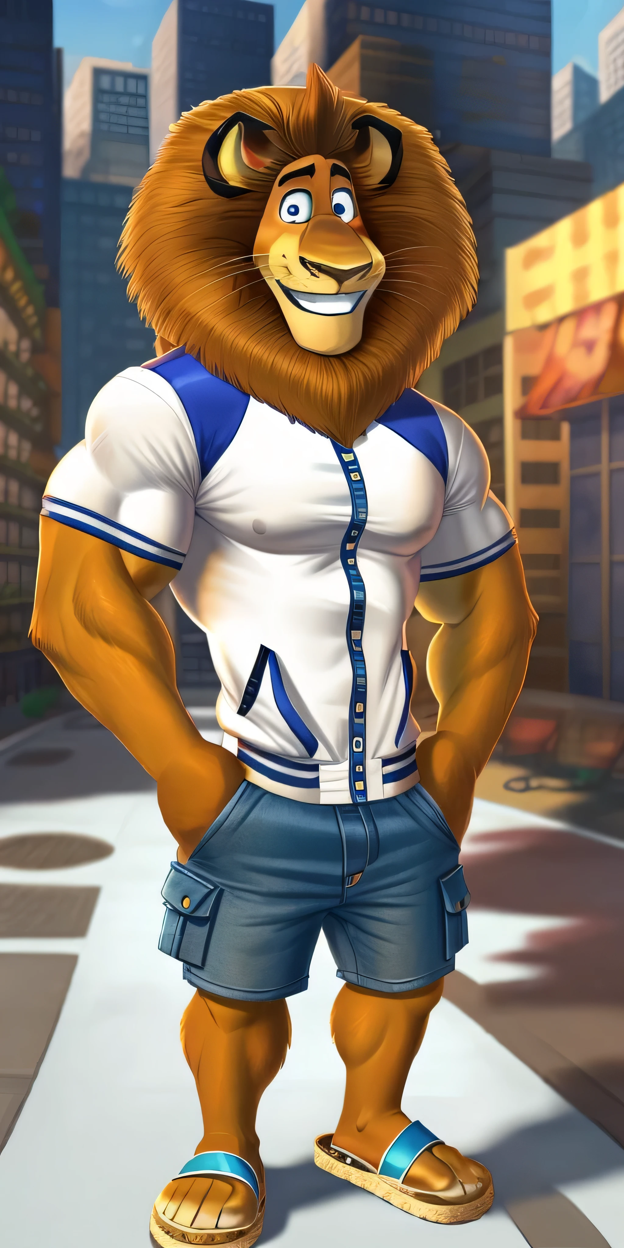 Alex the Lion, muscular body, big biceps, extremely beautiful and cute face, wears white t-shirt, cyan varsity jacket, denim cargo shorts, hands in pockets, flip flops sandals, city streets background, selfie, gentle look, cute smiling