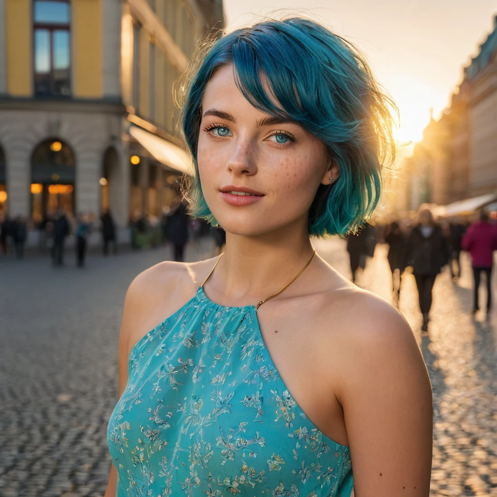 (((Woman, 20 Years Old, Nordic Ethnicity, short blue hair, perfect face, light freckles, Blue-Green Eyes))), (((standing confidently in a city square during sunset, full body visible))). ((Wearing a stylish, elegant outfit that flows naturally with the breeze, capturing the golden hues of the sunset)). ((Soft breeze gently moving her hair and clothing)). (((Sunset lighting casting a warm, golden glow on her entire figure, creating long shadows on the cobblestone square))). (Background includes elements of the city square, such as historic buildings, street lamps, and scattered people in soft focus, all bathed in the warm light of the setting sun)). (((Color palette - turquoise, neon green, yellow shades))), (best quality, 8k, masterpiece, ultra-detailed, photorealistic, sunset lighting, sharp focus, full body).