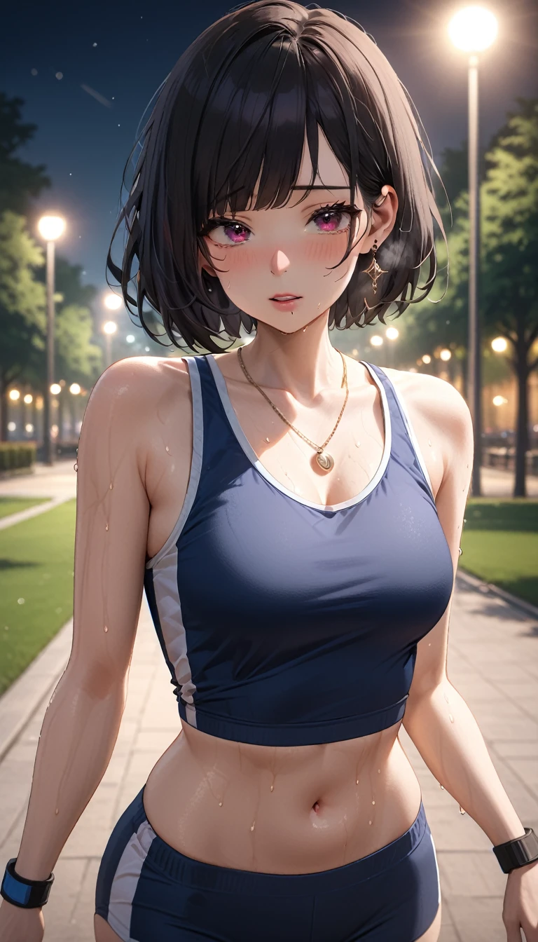 ((Realistic lighting, Best quality, 8K, Masterpiece: 1.3)), Clear focus: 1.2, 1girl, Perfect Figure: 1.4, Slim Abs: 1.1, ((Dark brown hair)), (White crop top: 1.4), (Outdoor, Night: 1.1), City streets, Super fine face, Fine eyes, Double eyelids,
