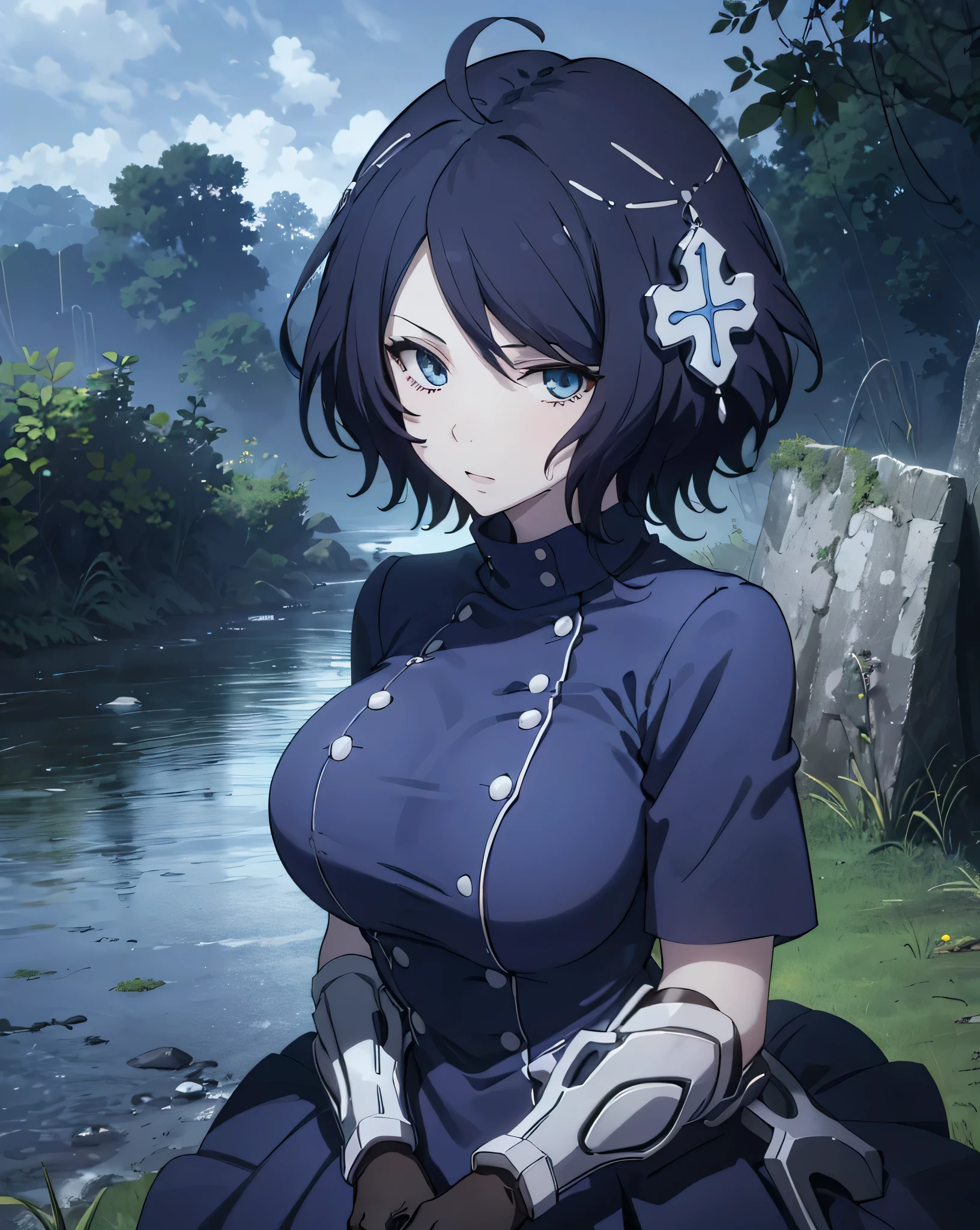 masterpiece, best quality, 1woman, 1girl, solo, 8k, blue eyes, huge breasts, blue navy hair, short hair, swept bangs, hair ornament, short sleeves, blue dress, mechanical arms, black gloves, natural shading, good lighting, detailed fingers, detailed face, high resolution, seductive pose, outdoor, tree, grass, sky, night,