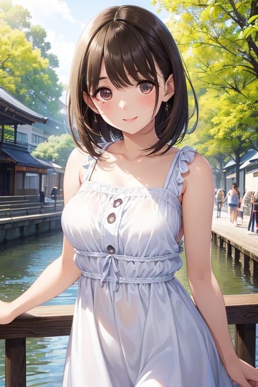 anegasaki nene、Shiny brown hair, short hair, (Beautiful brown eyes、Sparkling eyes, Fine grain)、smile、Ultra-detailed eyes、Highly detailed face, Highly detailed eyes,Cowboy Shot、



(Highest quality:1.2), One girl,White sundress、 Ueno Park, summer, Upper Body Shot, Shoot from the front