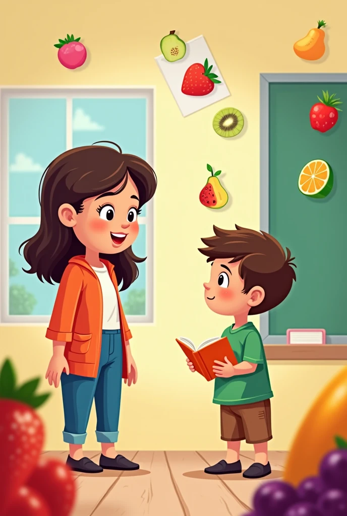 Command for Image Creation:
General Scenario: The image must show three suspicious students and a teacher, everyone in a classroom environment, with elements that suggest that one of the students is to blame for giving the teacher a rotten apple. The style of the image should follow the pattern of the previous puzzles, with vibrant colors and well-defined lines, maintaining the atmosphere of mystery.
Character 1 (Female teacher):
Description: A woman in her 40s, with her hair tied in a bun and wearing a simple dress, typical of teachers. She holds a rotten apple in one hand and has an expression of disappointment and distrust..
stance: She is standing, in front of the class, with the apple raised to eye level, as if he was showing everyone. His gaze is fixed on the students, trying to identify who was responsible.
Character 2 (Student 1):
Description: A boy about , wearing a red t-shirt and jeans. He has a nervous expression, avoiding eye contact with the teacher. His arms are crossed and he appears to be sweating., as if he was hiding something.
stance: He is standing, with uma postura defensiva, looking at the floor. His expression and body language suggest he is worried about being discovered..
Character 3 (Student 2):
Description: One approximately , wearing a blue dress and with her hair tied in two braids. She looks calm and is holding a notebook., but there is a small spot of dirt on his uniform, which could be from a piece of rotten apple.
stance: She is standing, with uma expressão neutra, looking at the teacher. Your posture is relaxed, but the stain on her uniform may indicate that she was involved.
Character 4 (Student 3):
Description: Um garoto de 10 anos, wearing a green jacket and backwards cap. He has a mischievous expression and is hiding something behind his back., possibly another apple, that appears in good condition.
stance: He is standing, with u