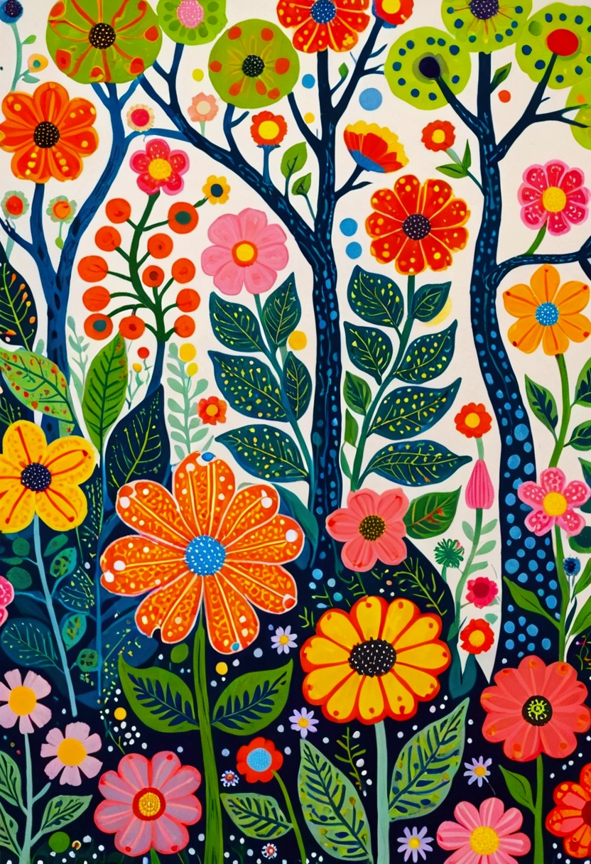 A painting of a group of flowers with a polka dot pattern, Plants growing on it. Gouache, Inspired by ferdinand knab, Inspired by Konstantin Westchilov, Inspired by Mary Blair, Inspired by Maximilian Vanka, Psychedelic flowers and trees, Gouache on canvas, author：Pasitha Abad, Trees and flowers, inspired by Yayoi Kusama