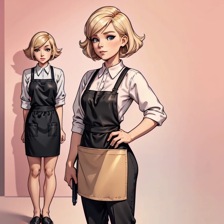 blonde bob hairstyle, black outfit, holding a hairdryer in one hand and a hair straightener in the other, scissors and comb in an apron pocket, standing pose, looking straight ahead, indoor setting, warm pink background with a golden frame, professional atmosphere, front view, detailed illustration style, 4k, 8k.