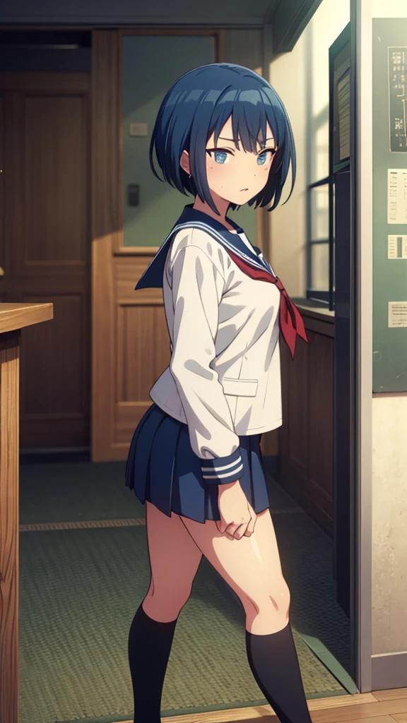 ((masterpiece, Highest quality, Very detailed, Very nice 8K CG wallpaper)), , A little thick, Medium Hair, Blue Hair, short hair, blue eyes,judo player、Sailor style uniforms、Large bust、Sailor suit、mini skirt、judo、Serious expression、Inside the judo Gymnasium、、On the tatami、discovery、One Girl And One Man、Two people、Combat Stance、whole body、Are standing、Intense Battle、judo格闘ポーズ、Haruka Kiritani、Bust Size C Cup、幼い頃judo家に育てられた、The strongest woman to win a tournament、Ninth Dan、The strongest woman who defeated the bully、Boy touches her hand、Sailor suitには少年っぽい匂いがする、She was kissed、Boy touches her hand、A boy kisses his girlfriend on the lips、Sailor suitには少年の手ついている、Sailor suitには少年の汗をかいた、Sailor suit着た状態、She was caught by the boy、She was held by the boy with both hands.....、judoの試合中に口つげのキスされる彼女、Schoolgirl uniform、High School Girl Uniform Tie、女子高生のmini skirt、loafers、Schoolgirl Style、judo着に無し、judo格闘ポーズ、judoの試合中少年に両手掴まれたとき口つげのキスされたときのポーズ、There are five fingers on a hand。