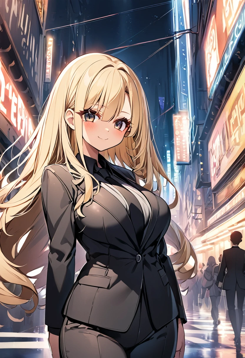 One girl　Cute Girls　Anime Style　Anime Face　Anime Style　Beauty　Big Breasts　Black pants suit　Black colored shirt　Black color tie　Blonde hair　Straight Hair　long hair