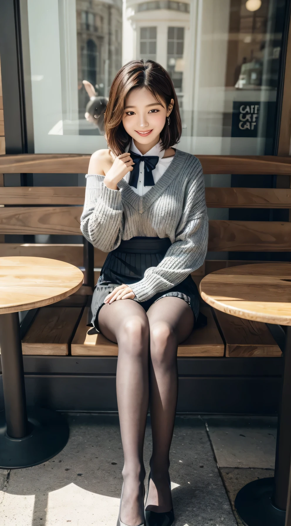 8k uhd, dslr,film grain, Fujifilm XT3,(best quality:1.3), (masterpiece:1.1), high resolution, cinematic light, intricate details, (photorealistic),outside,beautiful outside,sunny,
korean girl,(in cafe:1.5) , dimples, bobcut, looking at viewer, detailed trees, ribbons, bowties, bare shoulders, ribbed sweater,
pencil skirt, high-waist skirt, head rest, sitting, indoors,
necklace,black pantyhose, sheet transportation sweater, (smile),(full body:1.6),slender,