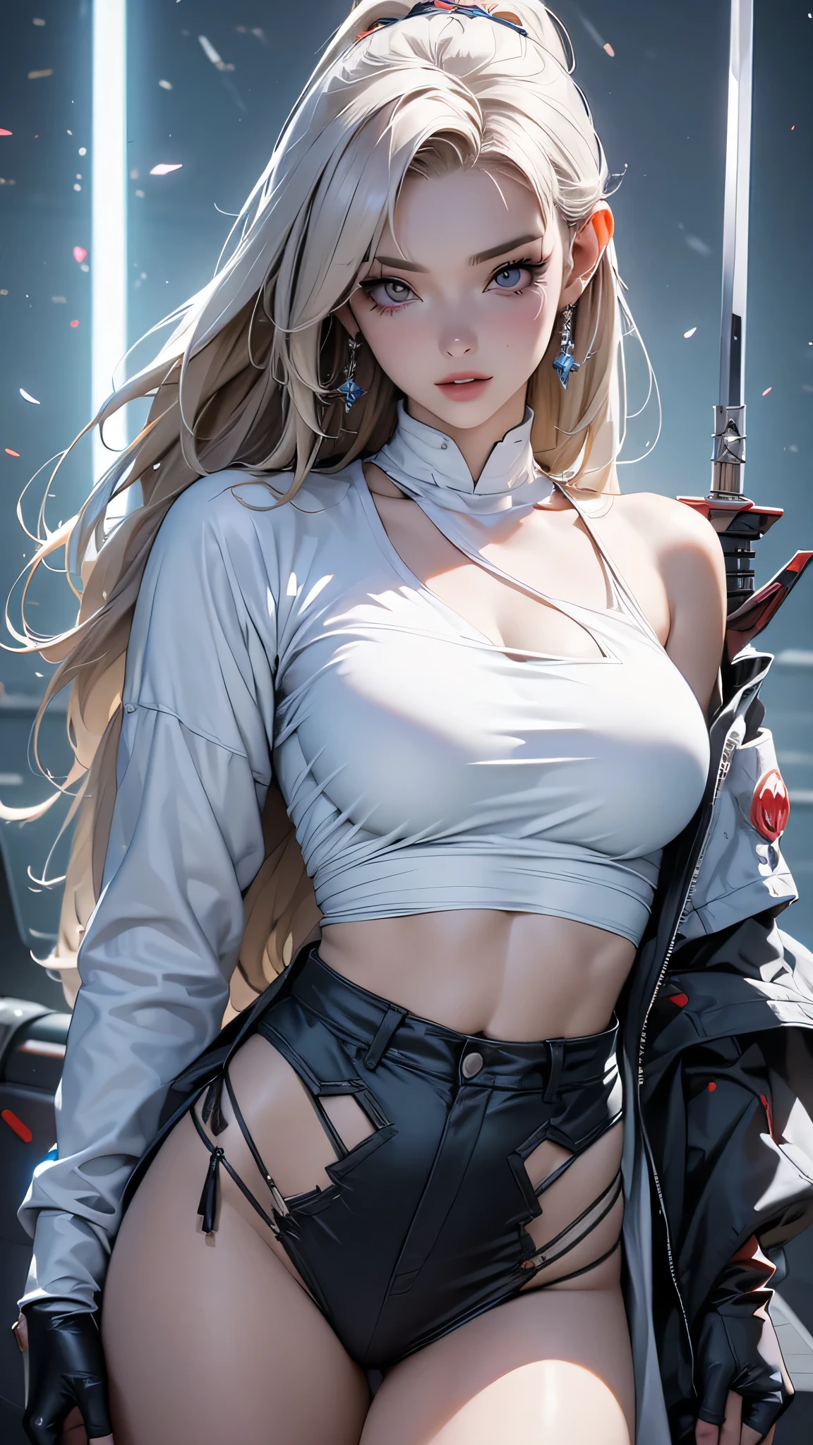 (((Young White Woman))), ((Best Quality)), ((Masterpiece)), (Detail: 1.4), 3D, A Beautiful Cyberpunk Woman with Simon Bisley-style micro thong, Genesis evangelion neon style clothing, 2-piece clothing,  Highest quality, Realistic, Very detailed, finely, High resolution, 8k、Beautiful Japanese Ninja、with double teeth、A face with dimples、Delicate eyes、Facing forward、looking at the camera、Shuriken in the inner thigh、White translucent torn clothes、Holding a sword