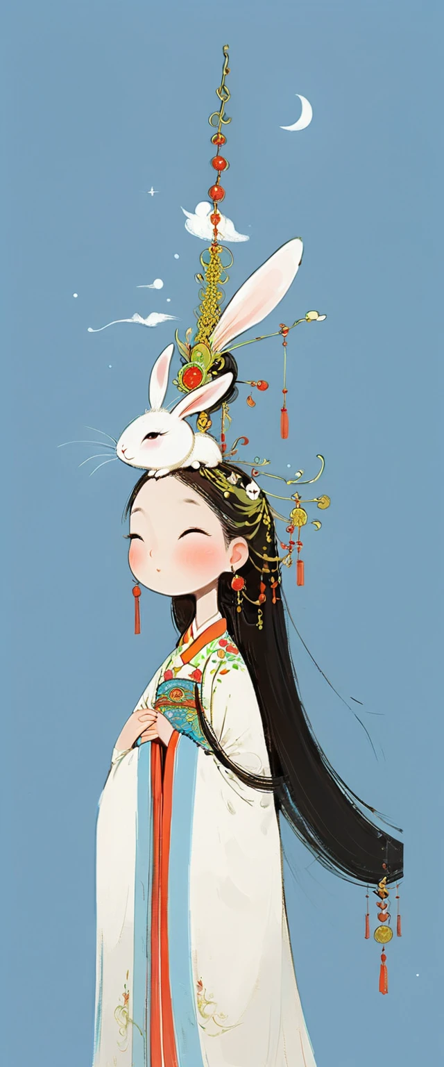 Vector illustration, Flat illustration, A young and beautiful woman with long flowing hair and traditional Chinese clothing, featuring an elegant headdress and carrying a white rabbit in her arms. Her eyes are gentle and charming, and her expression is serene. The background is a decorated moon. Light blue and pink, Vividly depict movement, Bell Stone, carefully designed, Margaret Brasingham, Light gold and orange, National style, illustration, Chinese style  