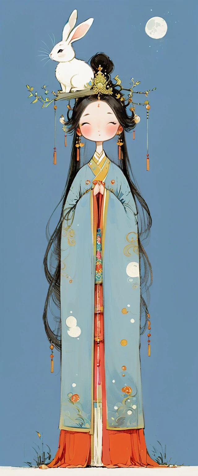 Vector illustration, Flat illustration, A young and beautiful woman with long flowing hair and traditional Chinese clothing, featuring an elegant headdress and carrying a white rabbit in her arms. Her eyes are gentle and charming, and her expression is serene. The background is a decorated moon. Light blue and pink, Vividly depict movement, Bell Stone, carefully designed, Margaret Brasingham, Light gold and orange, National style, illustration, Chinese style  