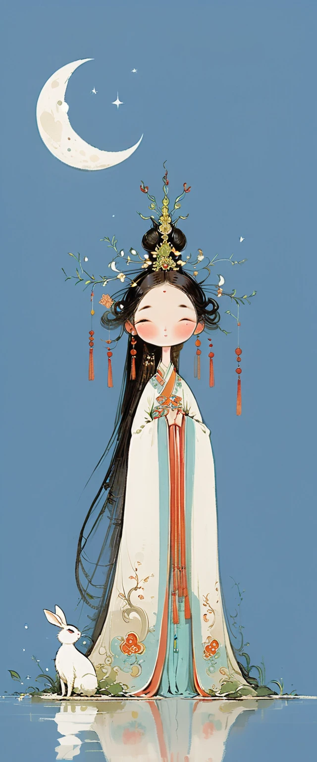 Vector illustration, Flat illustration, A young and beautiful woman with long flowing hair and traditional Chinese clothing, featuring an elegant headdress and carrying a white rabbit in her arms. Her eyes are gentle and charming, and her expression is serene. The background is a decorated moon. Light blue and pink, Vividly depict movement, Bell Stone, carefully designed, Margaret Brasingham, Light gold and orange, National style, illustration, Chinese style  