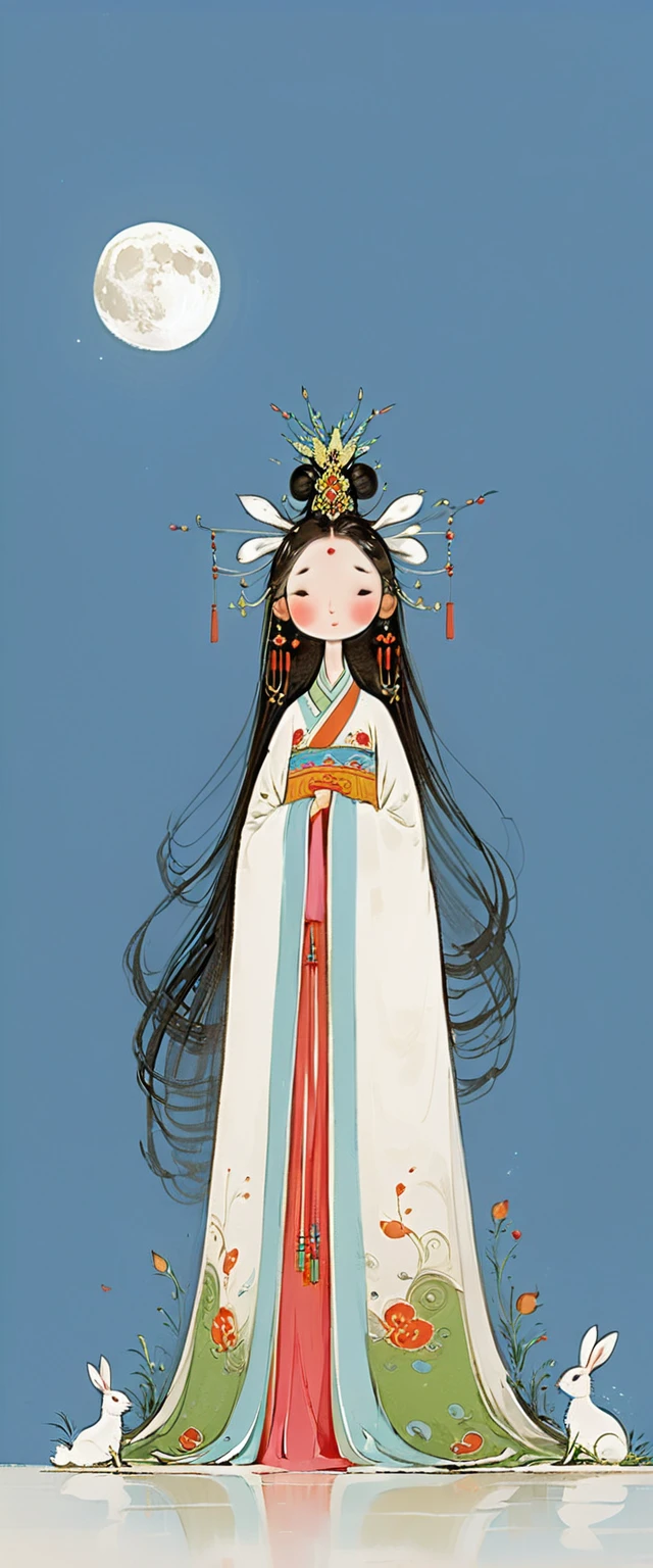 Vector illustration, Flat illustration, A young and beautiful woman with long flowing hair and traditional Chinese clothing, featuring an elegant headdress and carrying a white rabbit in her arms. Her eyes are gentle and charming, and her expression is serene. The background is a decorated moon. Light blue and pink, Vividly depict movement, Bell Stone, carefully designed, Margaret Brasingham, Light gold and orange, National style, illustration, Chinese style  